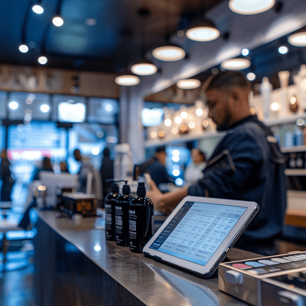 Modern barbershop interior with POS system